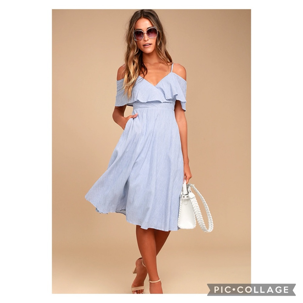 Yacht Rock Blue and White Striped Off-the-Shoulder Midi Dress